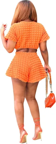 Vista 4 de Salimdy Conjunto deportivo de 2 piezas para mujer, talla grande, camiseta corta de manga abombada y pantalones cortos con cintura elástica