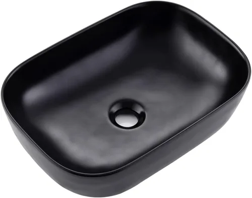 Vista 5 de Fregadero de Recipiente Negro Rectangular, 45,7x33 cm Encimera de Cerámica de Porcelana para Baño con Combo de Grifo y Drenaje