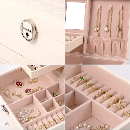 Vista 4 de JinHuoHuo Joyero joyero grande joyero para mujer estuche grande de almacenamiento de joyas de 3 capas cajas de regalo de joyería regalo vintage