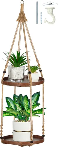 Vista 10 de Colgador de macramé de 2 niveles Colgador de plantas para interiores, maceta colgante Estante para macetas colgantes (beige)
