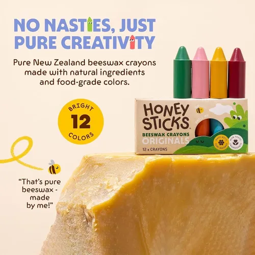 Vista 2 de Honeysticks - Ceras de cera de abejas 100 % pura (12 unidades) - Ceras no tóxicas para niños pequeños de 1 a 3 años, seguras para bebés a partir