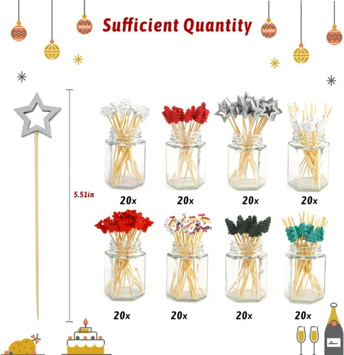 Vista 2 de KIMOBER 160 palillos de cóctel de Navidad, varios palillos de dientes de frutas de bambú para alimentos, aperitivos, bebidas, decoración de pasteles