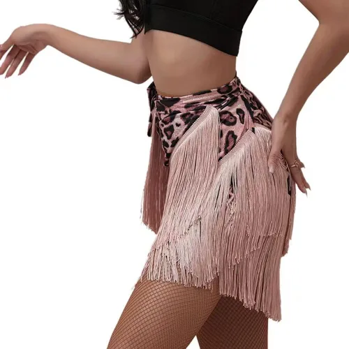 Vista 5 de Faldas de baile para mujer, diseño de baile latino, delantal, tango, borla y bufanda a la cadera Negro leopardo estampado