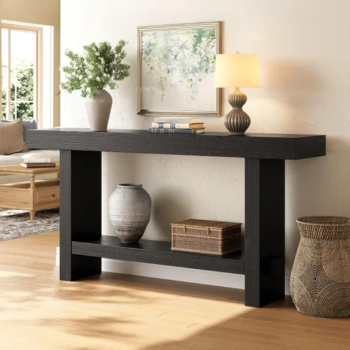 Vista 9 de Mesa consola de madera maciza de 63 pulgadas, mesa de entrada estrecha de 2 niveles para pasillo, entrada, sala de estar, detrás del sofá