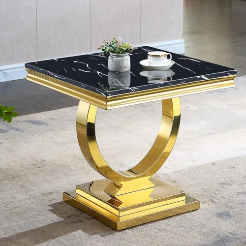 Vista 33 de Mesa de centro de 47 pulgadas de mármol negro con base en forma de U de acero inoxidable espejado, mesa central de parte superior rectangular