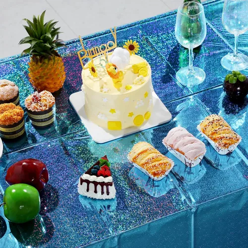 Vista 5 de Paquete de 4 manteles de plástico iridiscente brillantes desechables láser rectangulares, cubiertas de mesa, mantel de papel holográfico