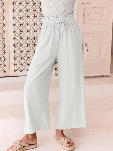 Vista 7 de ANRABESS Pantalones de lino para mujer, casuales, holgados, de cintura alta, bohemios, pierna ancha, pantalones de playa estilo palazzo, trajes