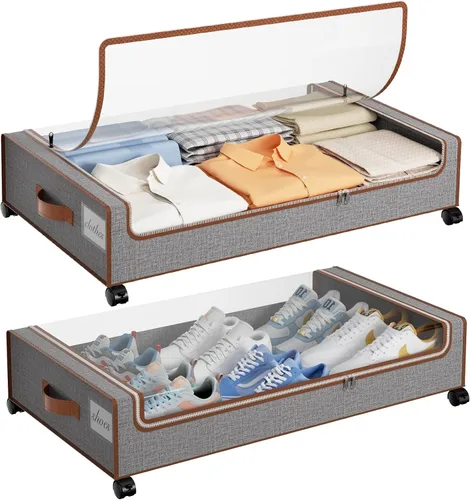 Vista 13 de Yecaye Almacenamiento Debajo de la Cama con Ruedas, 2 Paquetes de Cajas de Almacenamiento Debajo de la Cama con Tapas Transparentes y Etiqueta, 60L