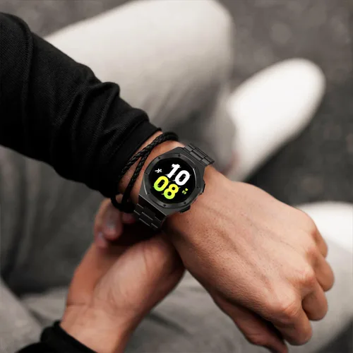 Vista 6 de Funda de lujo con correa diseñada para Samsung Galaxy Watch 6/5/4 de 1.732 pulgadas, resistente funda protectora militar de metal con correa táctica