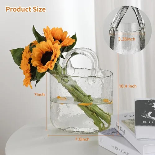 Vista 2 de Jarrón de cristal con asa – Jarrón de vidrio transparente hecho a mano de 10 pulgadas, centro de mesa multifuncional para flores, pecera