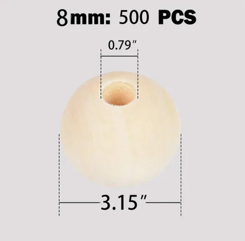 Vista 2 de 500 piezas de cuentas de madera de 8 mm, cuentas de madera natural sin pintar, cuentas de madera sueltas para manualidades, decoraciones y bricolaje