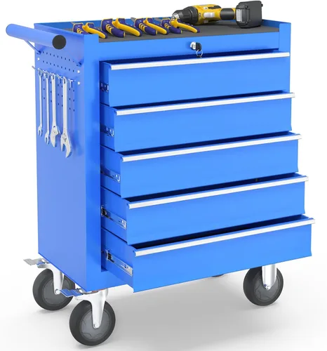 Vista 10 de Caja de herramientas con ruedas de 5 cajones, caja de herramientas rodante con ruedas, caja de herramientas con sistema de bloqueo con llave