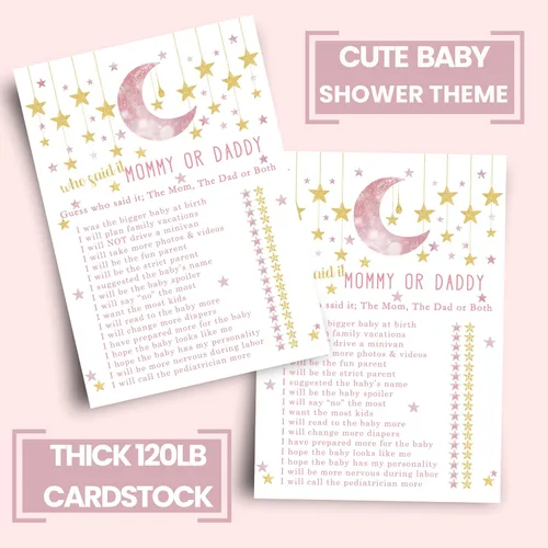 Vista 4 de Paper Clever Party Twinkle Little Star - Juego de baby shower para niñas, 25 tarjetas de juego de Adivina quién mamá o papá, divertidas actividades