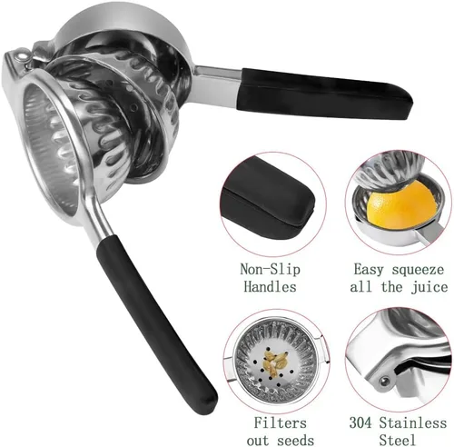Vista 3 de Exprimidor de limón de acero inoxidable, exprimidor de limón y frutas con asas de silicona, exprimidor manual grande de cítricos