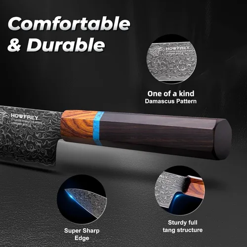Vista 6 de Cuchillo de chef de Damasco, cuchillos de cocina japoneses de 8 pulgadas con 67 capas, acero inoxidable de alto carbono afilado con mangos