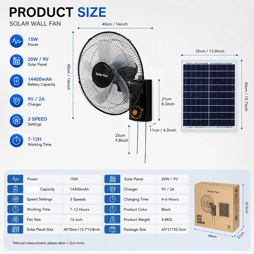 Vista 5 de Ventilador solar de montaje en pared de 16 pulgadas, ventiladores de doble potencia con panel solar de 20 W, oscilación de 90°, ventilador