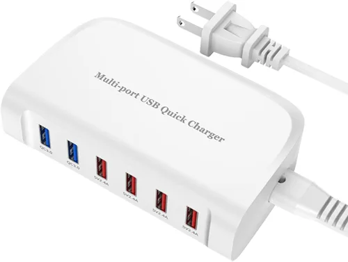 Vista 8 de Cargador rápido USB, estación de carga portátil de 6 puertos, adecuado para varios dispositivos, compatible con iPhone, iPad, Samsung, Google