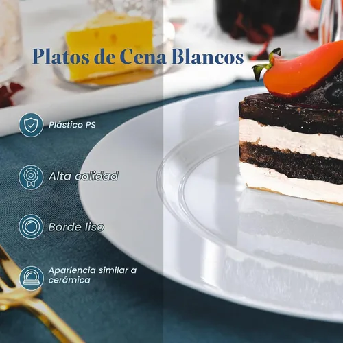 Vista 3 de N9R - 100 platos de plástico blanco desechables, platos de cena resistentes de 10.25 pulgadas
