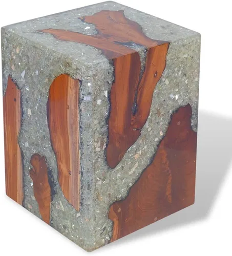 Vista 6 de Taburete de madera maciza de teca y resina, taburete de tocón de árbol con borde vivo, mesa auxiliar de borde natural, soporte para plantas, mesita
