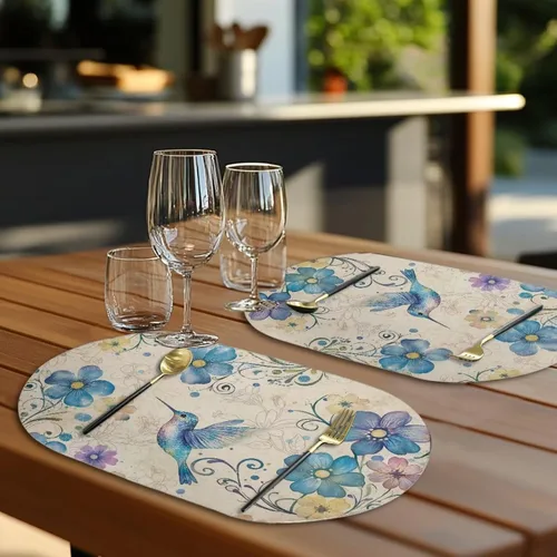 Vista 2 de Blue Flower Dining Table Mats Set of 2 Hummingbird Heat Resistant Placemats Washable and Wipeable Non Slip Place Mat, Waterproof Modern Dining Table