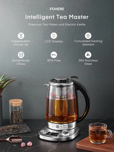 Vista 4 de Hervidor de té eléctrico, hervidor de vidrio con 9 ajustes preestablecidos de control de temperatura, tetera de 1200 W con infusor extraíble, 2