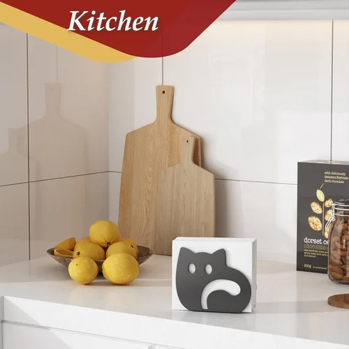 Vista 5 de Servilletero de gato autoajustable para mesa, moderno dispensador de servilletas de metal para cocina, comedor, servilleteros con material Negro