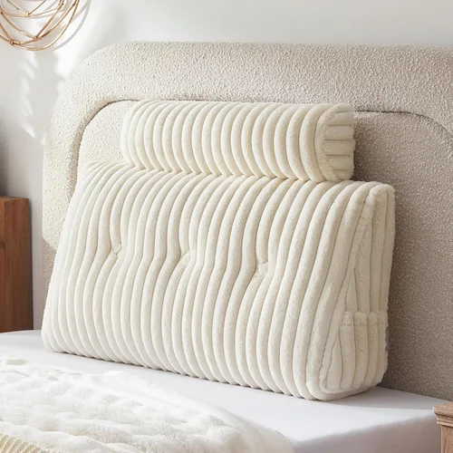 Vista 2 de Almohada de cabecero + Una almohada larga de cuello enrollado Almohada para el cuerpo, almohada de cuña de cabecero de pelo sintético con funda Beige