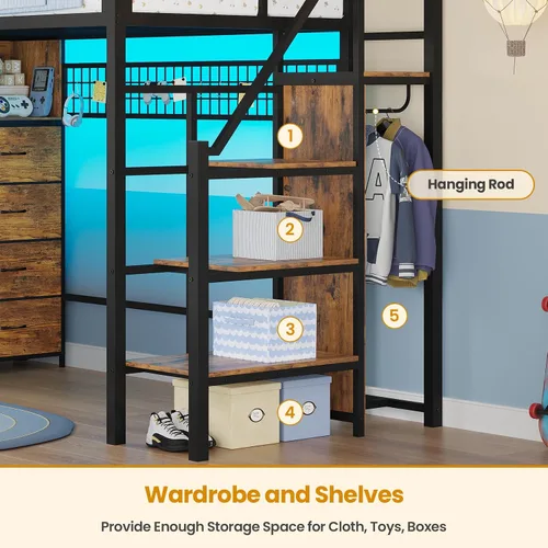 Vista 6 de ADORNEVE - Cama tipo loft tamaño individual con escaleras de almacenamiento, 8 cajones, cama tipo loft de metal para niños tamaño individual