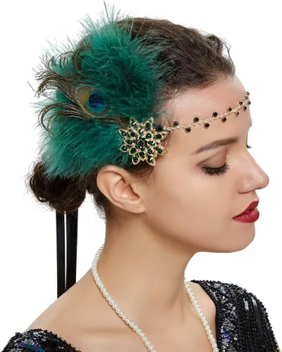 Vista 9 de Roaring 20s Great Gatsby - Diadema estilo flapper para mujer, estilo Art Deco de los años 20, con plumas A azul