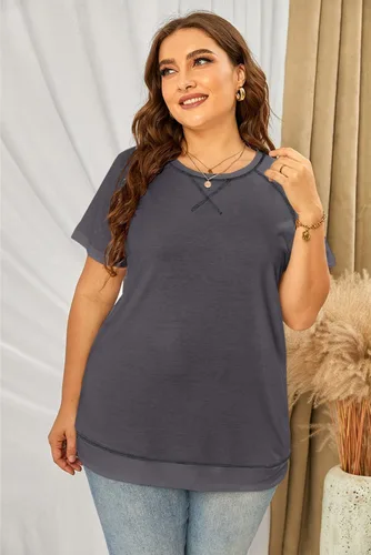 Vista 12 de Eytino Blusas de talla grande para mujer, cuello en V, manga corta, a rayas, casual, holgada, con bolsillo (1X-5X)