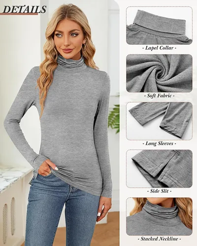 Vista 5 de Ficerd Paquete de 2 camisas de cuello alto para mujer, manga larga, cuello alto, ajustadas, suaves, elásticas, térmicas, básicas, sin botones