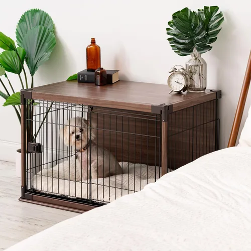 Vista 4 de IRIS USA Jaula Moderna de Madera para Perros – Elegante Perrera de Interior Estilo Mueble y Mesa Auxiliar para Perros Pequeños a Medianos, Jaula