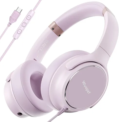 Vista 16 de Auriculares con cable USB C sobre la oreja con micrófono, control de volumen, puerto compartido y diadema ajustable, auriculares estéreo plegables