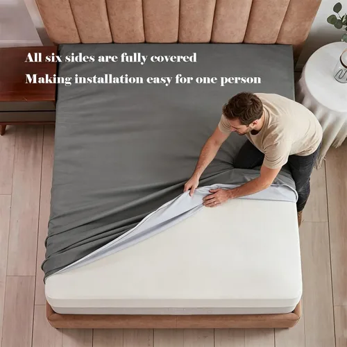 Vista 4 de Premium Waterproof Fitted Sheet Mattress Protector, Noiseless Mattress Cover with Deep Pocket Fitted up to 20 Inches, Washable and Easy Blanco