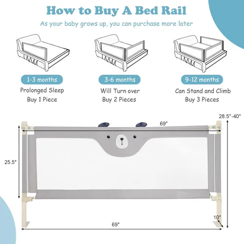 Vista 7 de BABY JOY Riel de cama para niños pequeños, 69 pulgadas, extra largo, altura ajustable y plegable, protector de riel de cama de bebé con malla Gris
