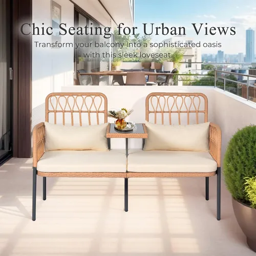 Vista 8 de PROHIKER Muebles de Patio Exterior Sofá de Amor de Ratán de 2 Asientos con Mesa Integrada, Almohadas Lumbares y Cojines, Sofá de Amor de Mimbre