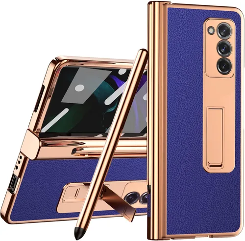 Vista 11 de Miimall Funda compatible con Samsung Galaxy Z Fold 2 con soporte para S Pen y S Pen + cubierta de pantalla + soporte + patrón de cuero chapado todo