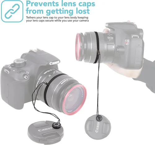 Vista 2 de Foto&Tech Correa con tapa para lente de cámara con cuerda elástica, compatible con cámaras DSLR SLR Evil sin espejo universales (1 pieza)
