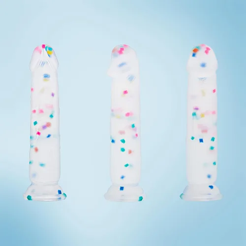 Vista 6 de Dildo realista de silicona de 7 pulgadas Confetti para principiantes con base de ventosa acampanada para uso sin manos, consolador anal