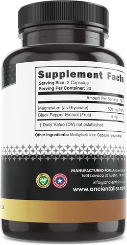 Vista 5 de Ancient Bliss Glicinato de magnesio para músculos y nervios, suplemento de apoyo digestivo e inmunológico, suplemento de magnesio para mujeres