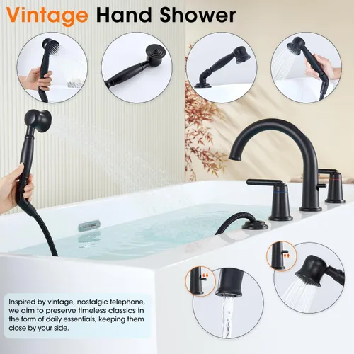 Vista 5 de WT-9808BK WT-9808BK - Kit de ajuste para grifo de bañera con ducha de mano y válvula de montaje en cubierta de 4 agujeros de alto flujo clásico