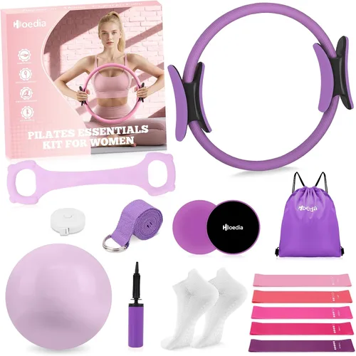 Vista 10 de Hoedia Kit de Pilates de 17 Piezas para Mujeres, Equipo de Pilates Anillo y Pelota Set con Bandas de Resistencia, Correa de Yoga, Deslizadores