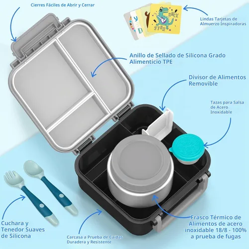 Vista 2 de Lonchera Bento para niños con contenedor térmico de sopa de 9 onzas, a prueba de fugas, 4 compartimentos con tarro de comida caliente aislado