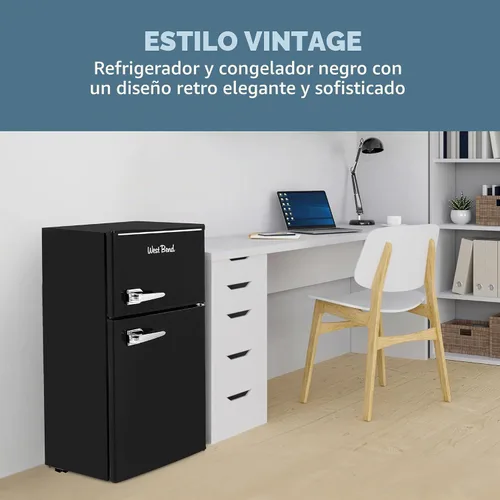 Vista 4 de West Bend - Mini refrigerador con congelador para dormitorio, oficina, bar o dormitorio, refrigerador compacto retro con estantes de vidrio Negro