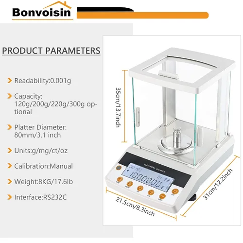 Vista 6 de Balanza analítica digital Bonvoisin de 0,1 mg de alta precisión, balanza electrónica certificada CE, 0.00 oz, báscula de laboratorio científico