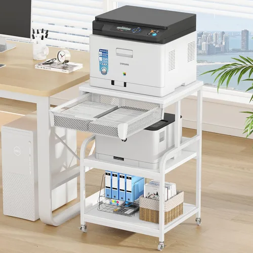 Vista 10 de EasyCom Soporte de impresora grande con cajón de almacenamiento, 5 estantes ajustables y carrito rodante de 3 niveles con ruedas industriales