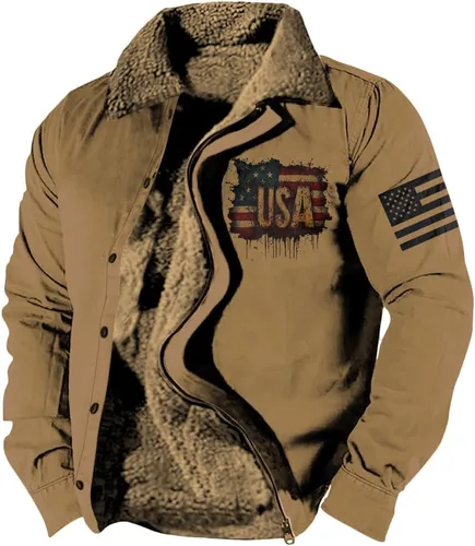 Vista 21 de LOAIHA Chaqueta de invierno para hombre, chaqueta de bandera estadounidense, abrigos occidentales para hombre, con cremallera, forro polar cálido