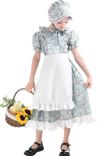 Vista 2 de FCCAM Colonial Costume Girls Short Sleeve Pioneer Dresses for Girls Laura Ingalls Wilder Dress with Bonnet