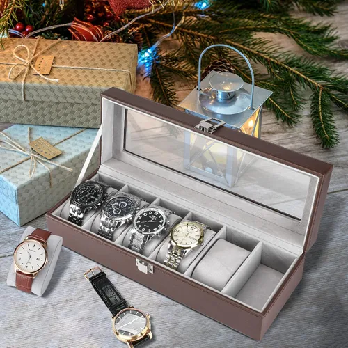 Vista 2 de ProCase Caja de reloj con 6 ranuras para hombre, organizador de relojes de piel sintética, cajas de almacenamiento con tapa de cristal de cristal