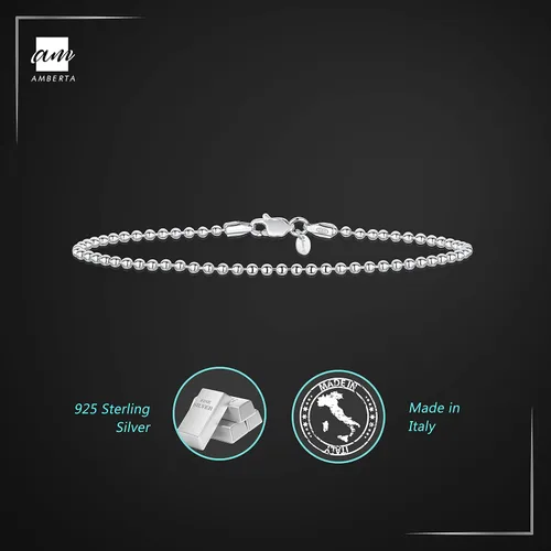 Vista 5 de Amberta Pulsera de cadena de bola de plata de ley 925 de 0.079in, tamaño 7 pulgadas, 7.5 pulgadas, Metal